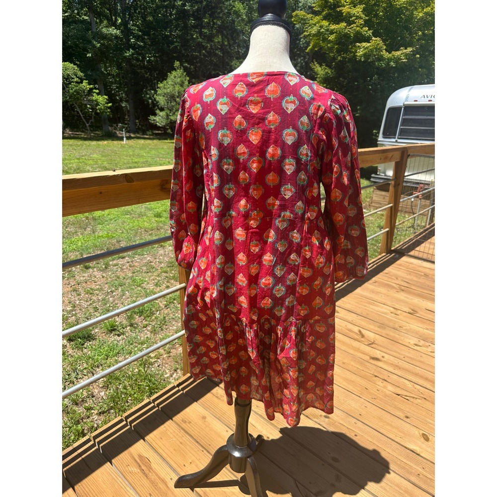 Gudrun Sjoden Red Leaf Print Organic Cotton Tiered Midi Dress Women Size S Artsy - Picture 2 of 8